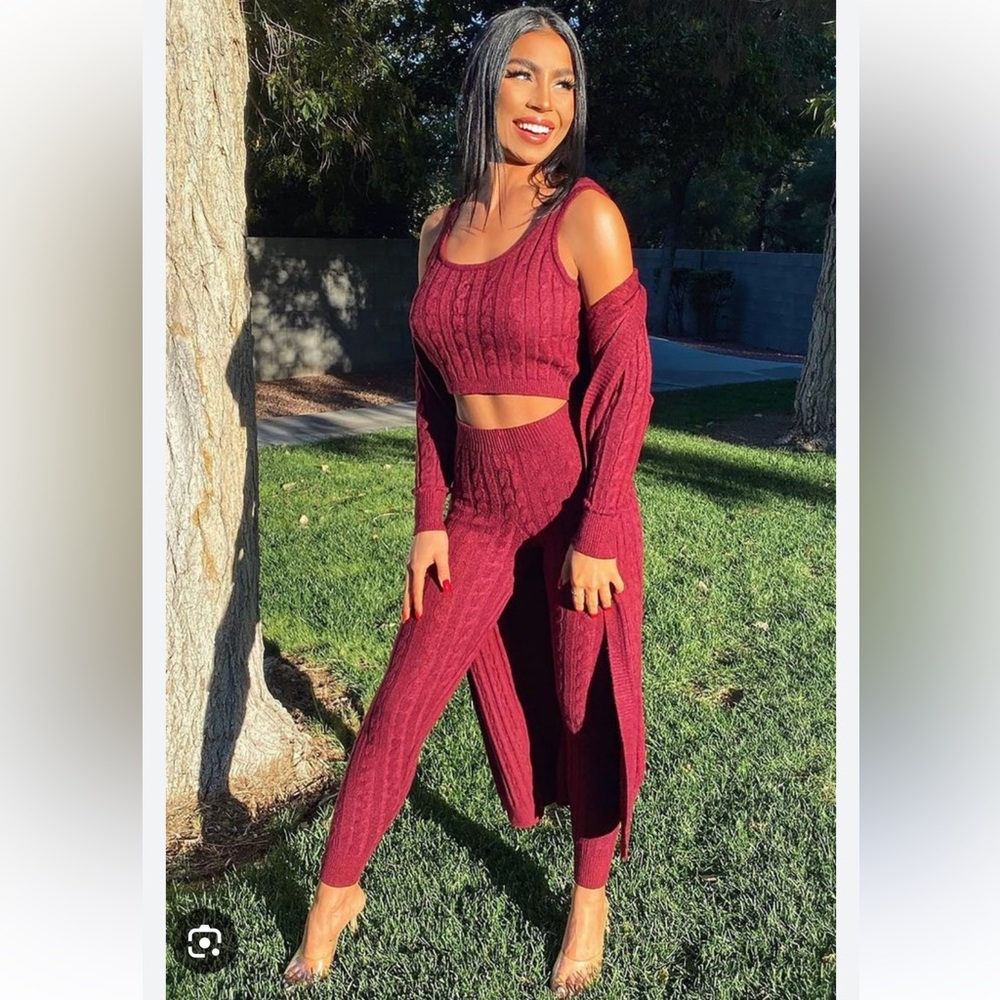 3-Piece Matching Set Fashion Nova Burgundy Cable Knit Cardigan, Crop Tank, Pants